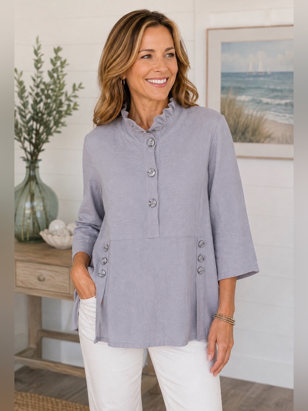 HABITAT CRINKLE FABRIC STAND UP RUFFLE COLLAR LAGENLOOK TUNIC PERIWINKLE M